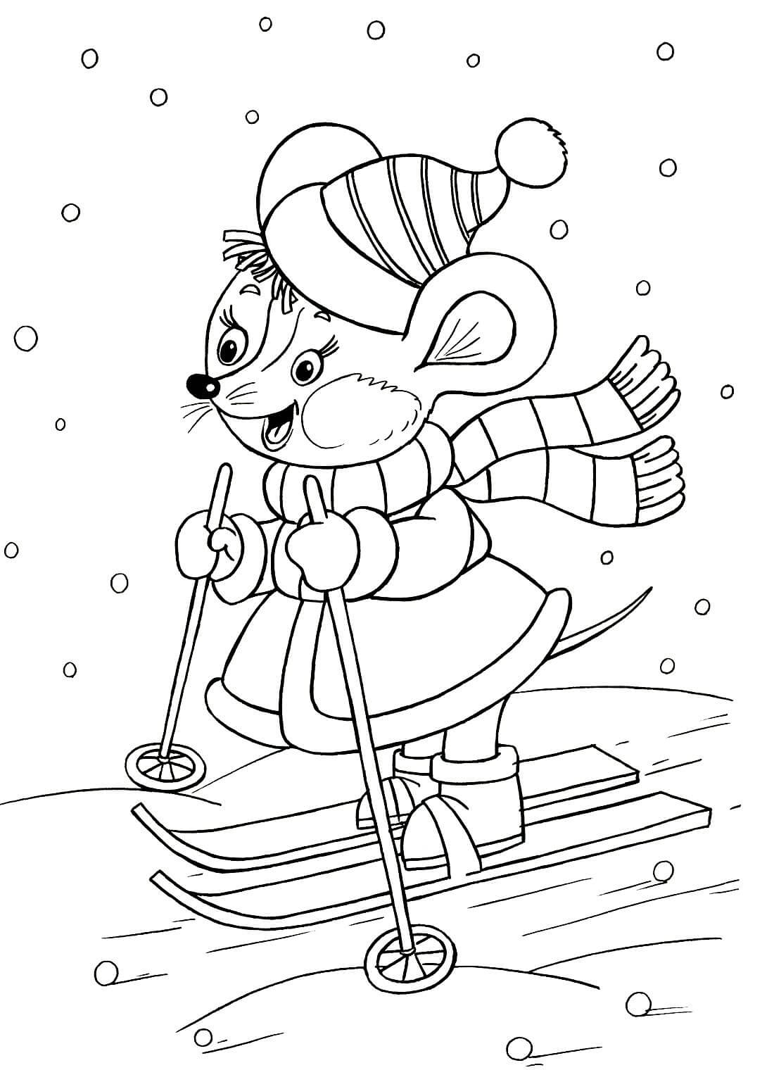 Раскраска Мышка катается на лыжах