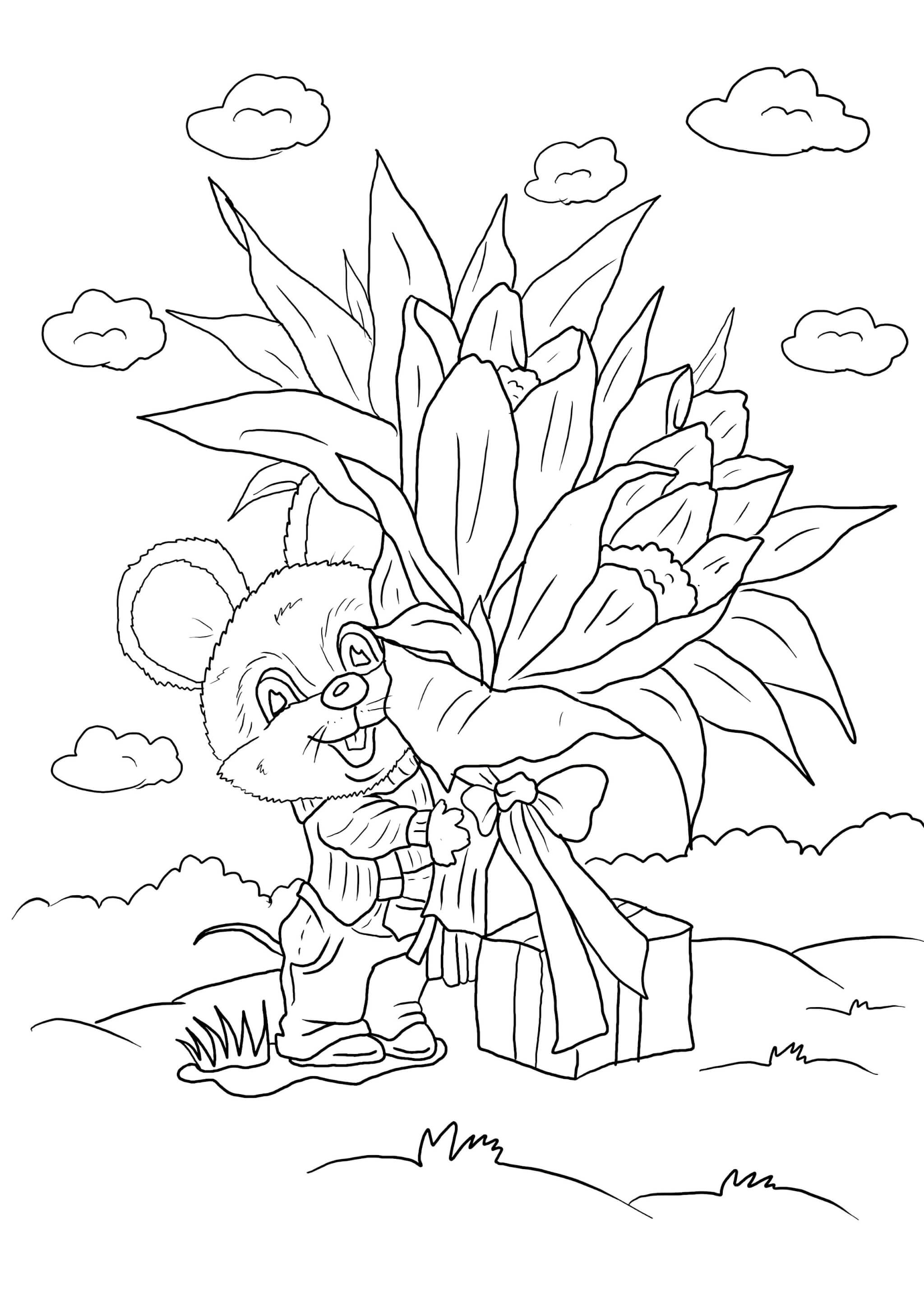 Раскраска Мышонок и цветы 8 марта