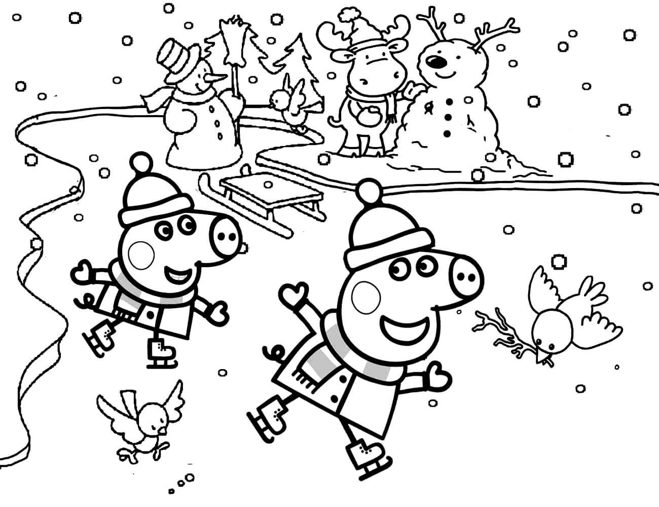 Раскраска Пеппа и Джордж катаются на коньках
