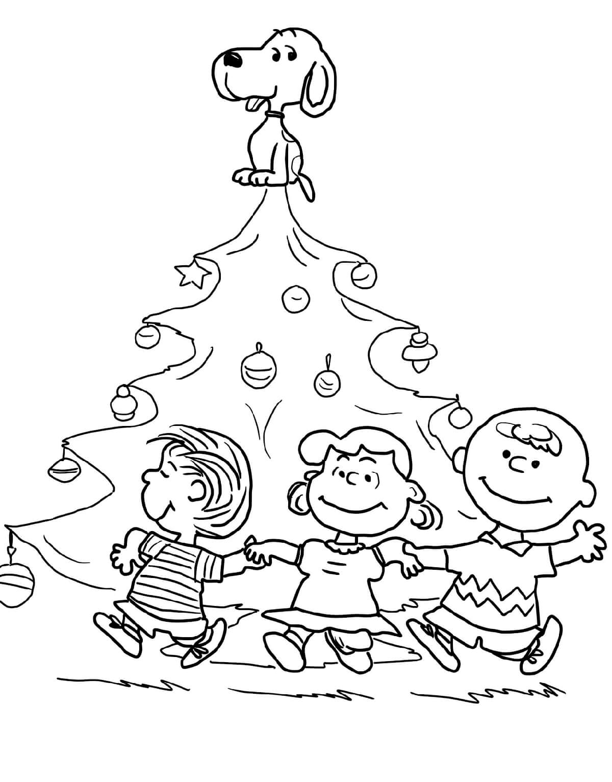 Раскраска Пёс Снупи и дети вокруг ёлочки