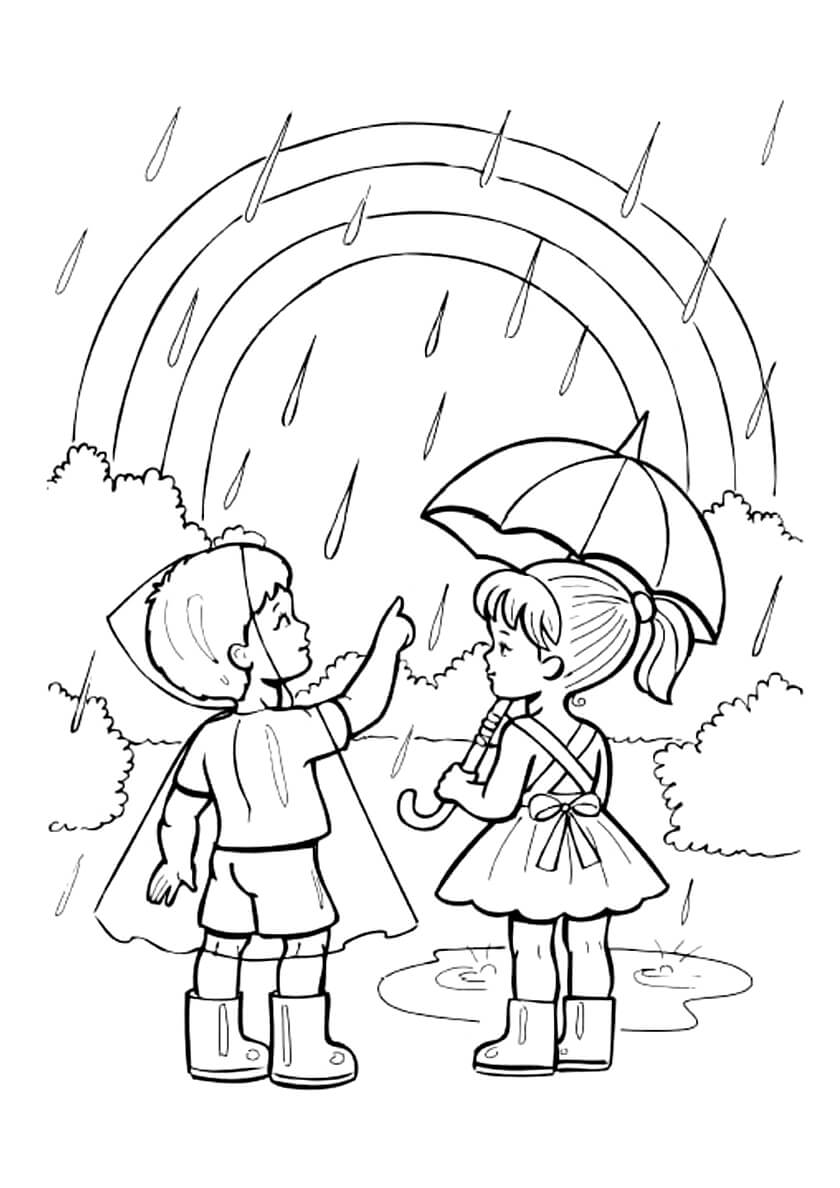 Раскраска Радуга и осенний дождь