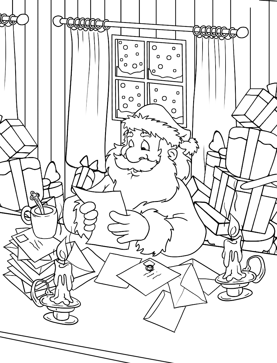 Раскраска Санта Клаус читает письма