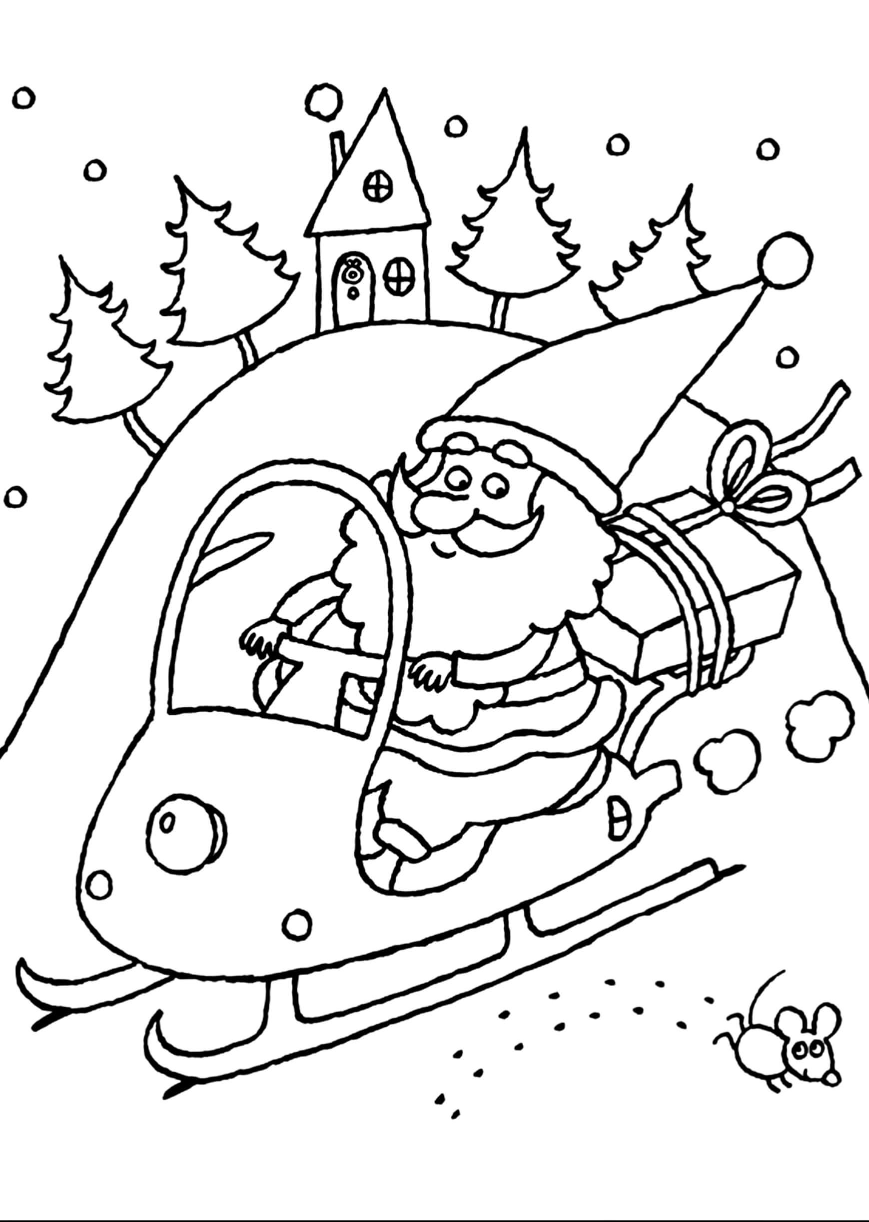 Раскраска Санта Клаус едет на снегоходе