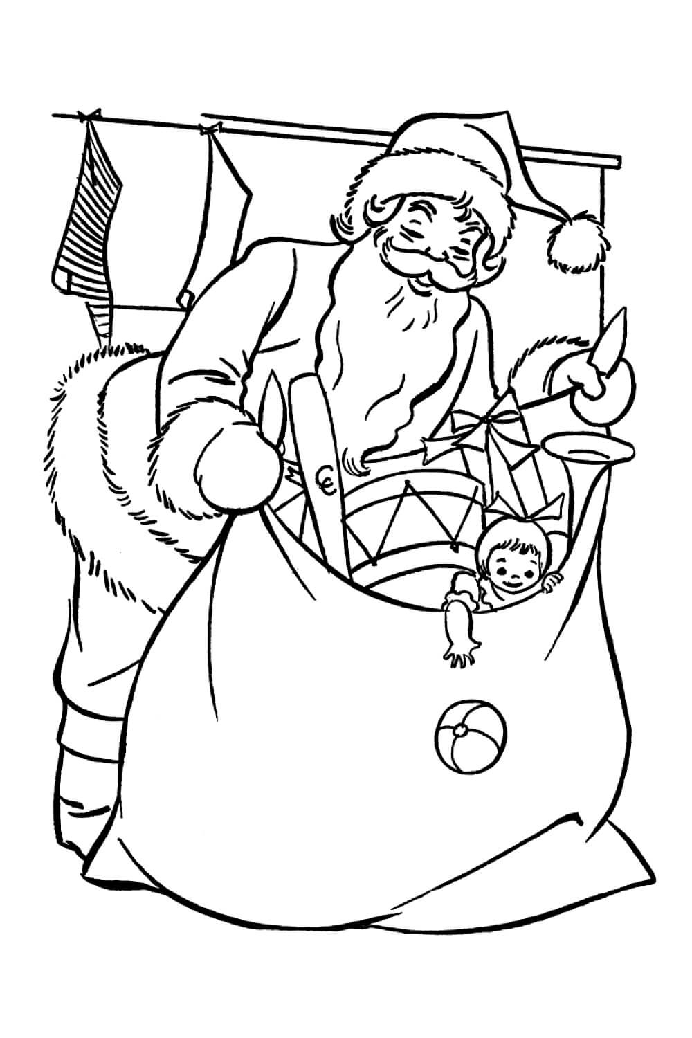 Раскраска Санта Клаус и большой мешок с подарками