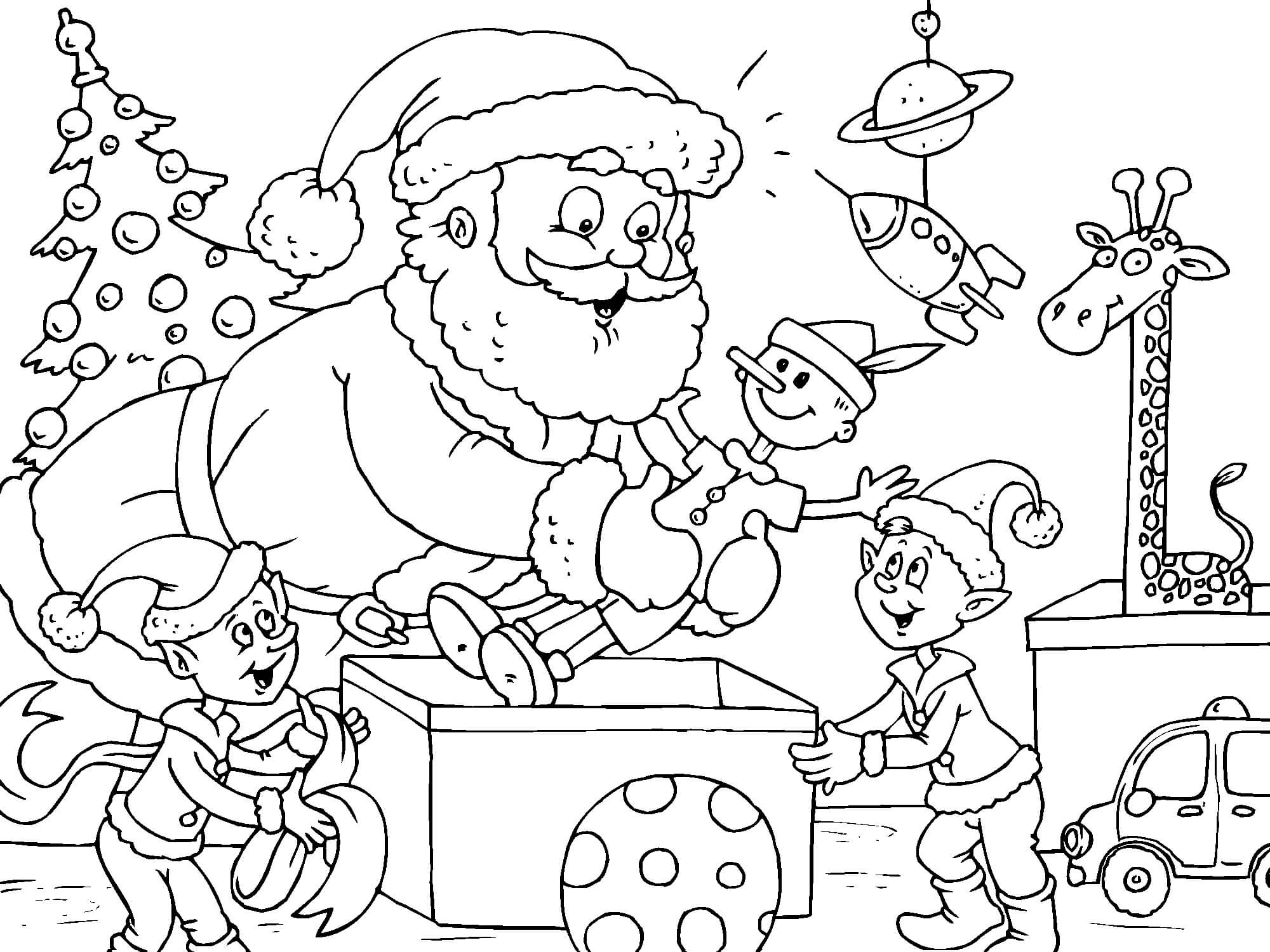 Раскраска Санта Клаус и маленькие эльфы