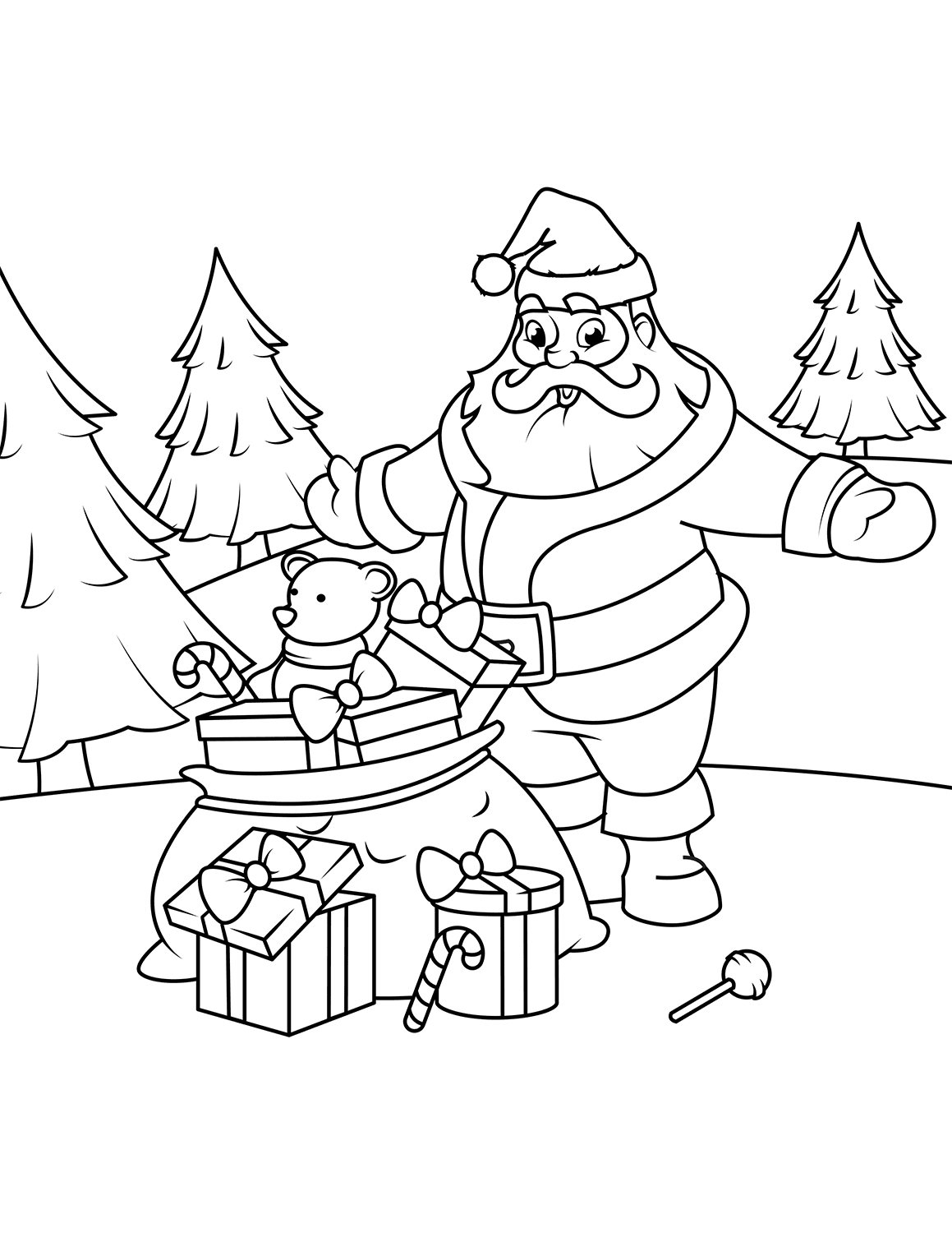 Раскраска Санта Клаус и мешок с подарками