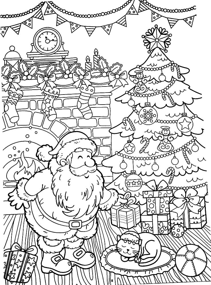 Раскраска Санта Клаус кладёт подарок под ёлку