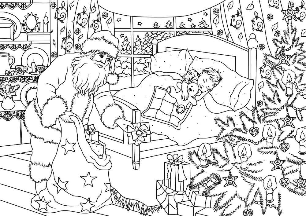 Раскраска Санта Клаус кладёт подарок под ёлочку