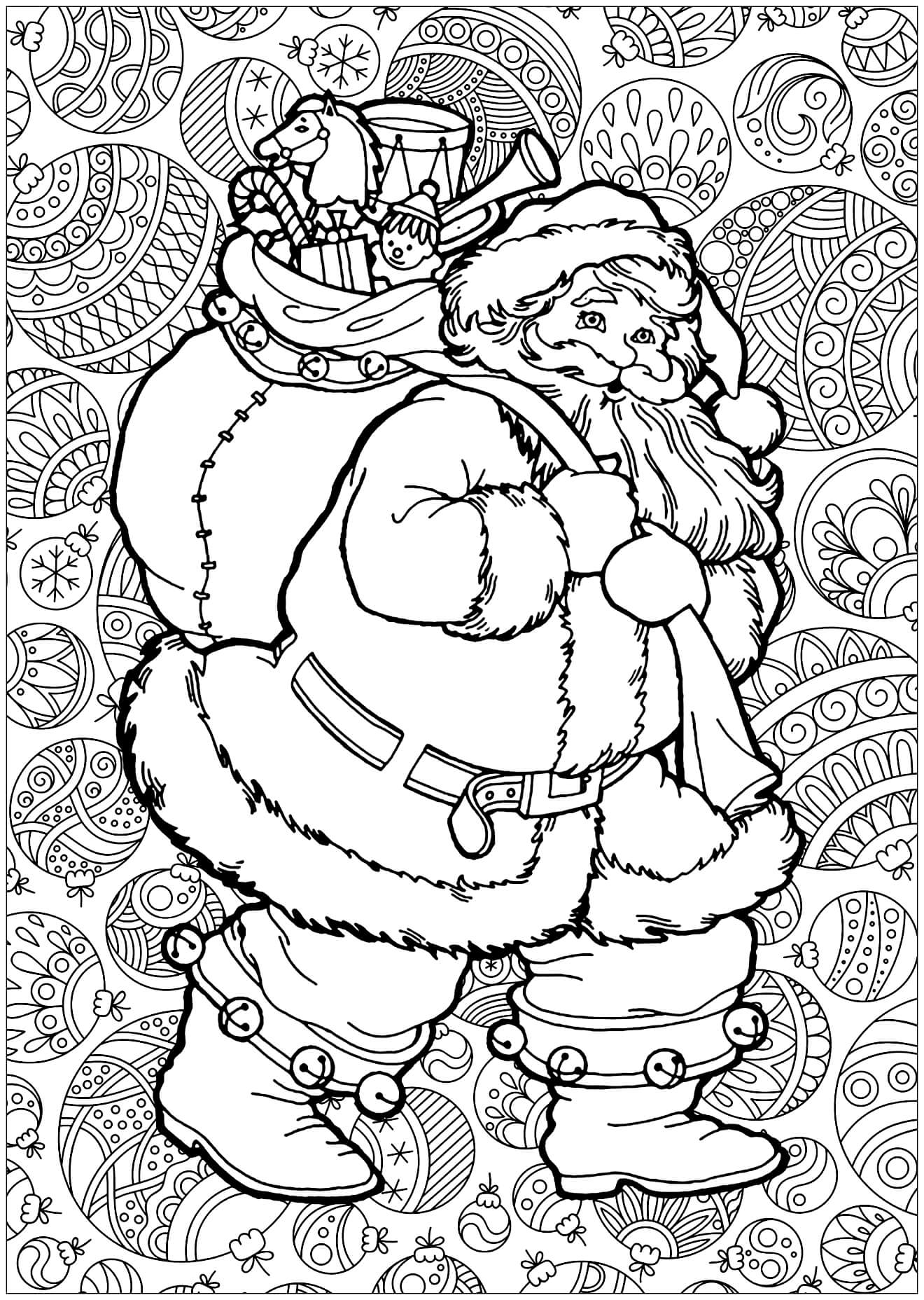 Раскраска Санта Клаус с мешком подарков