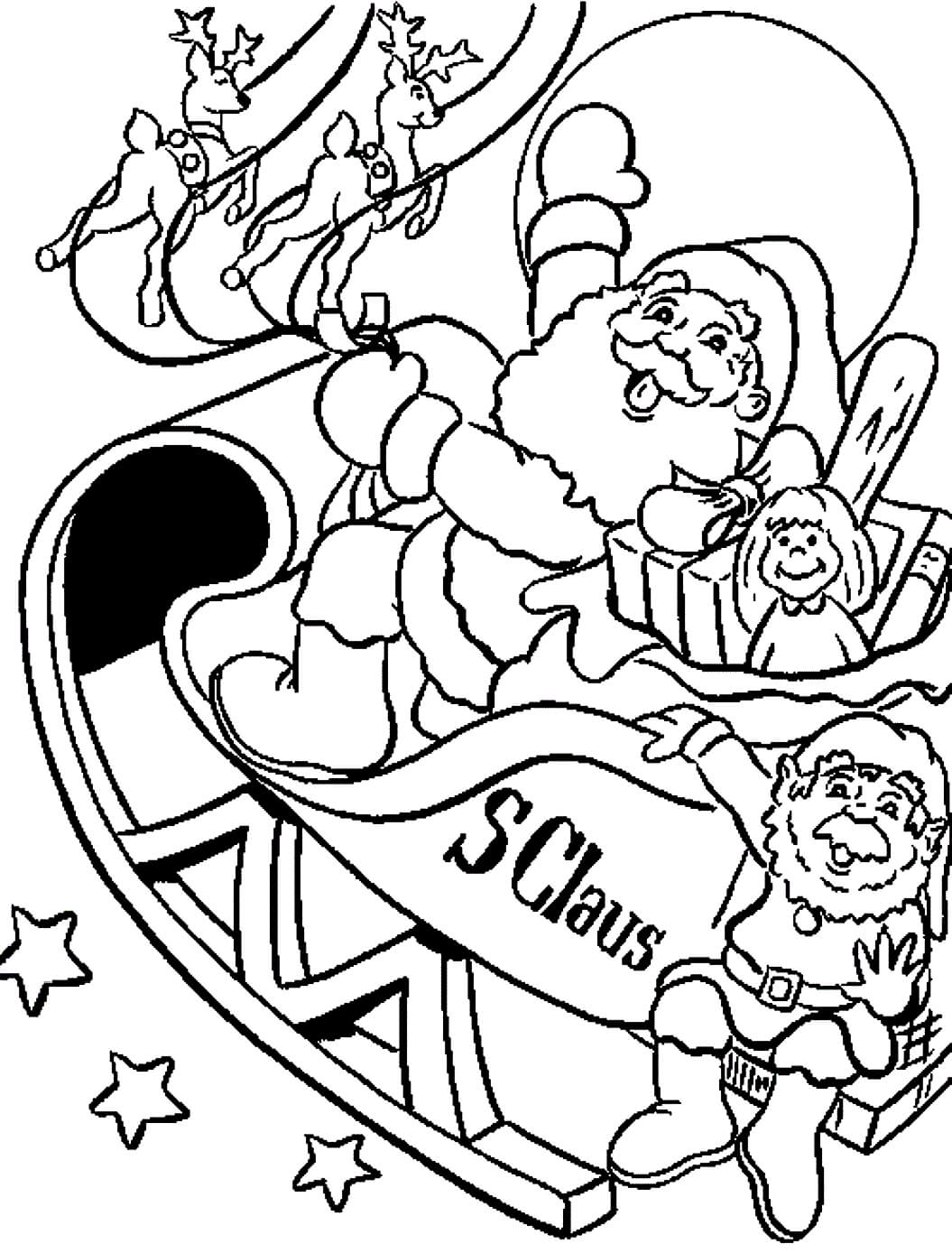 Раскраска Санта Клаус в упряжке с оленями
