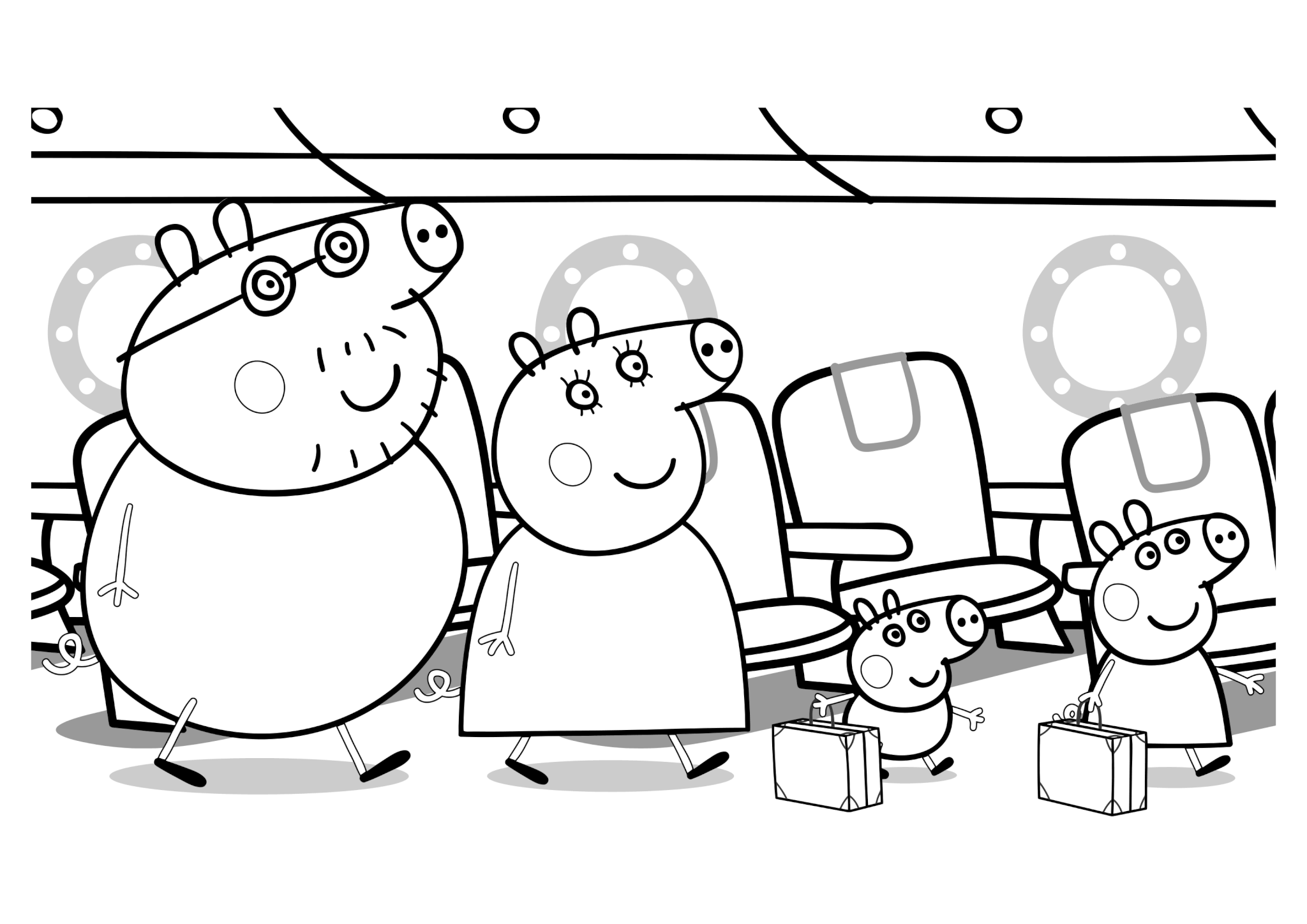 Раскраска Семья Свинки Пеппы в самолёте