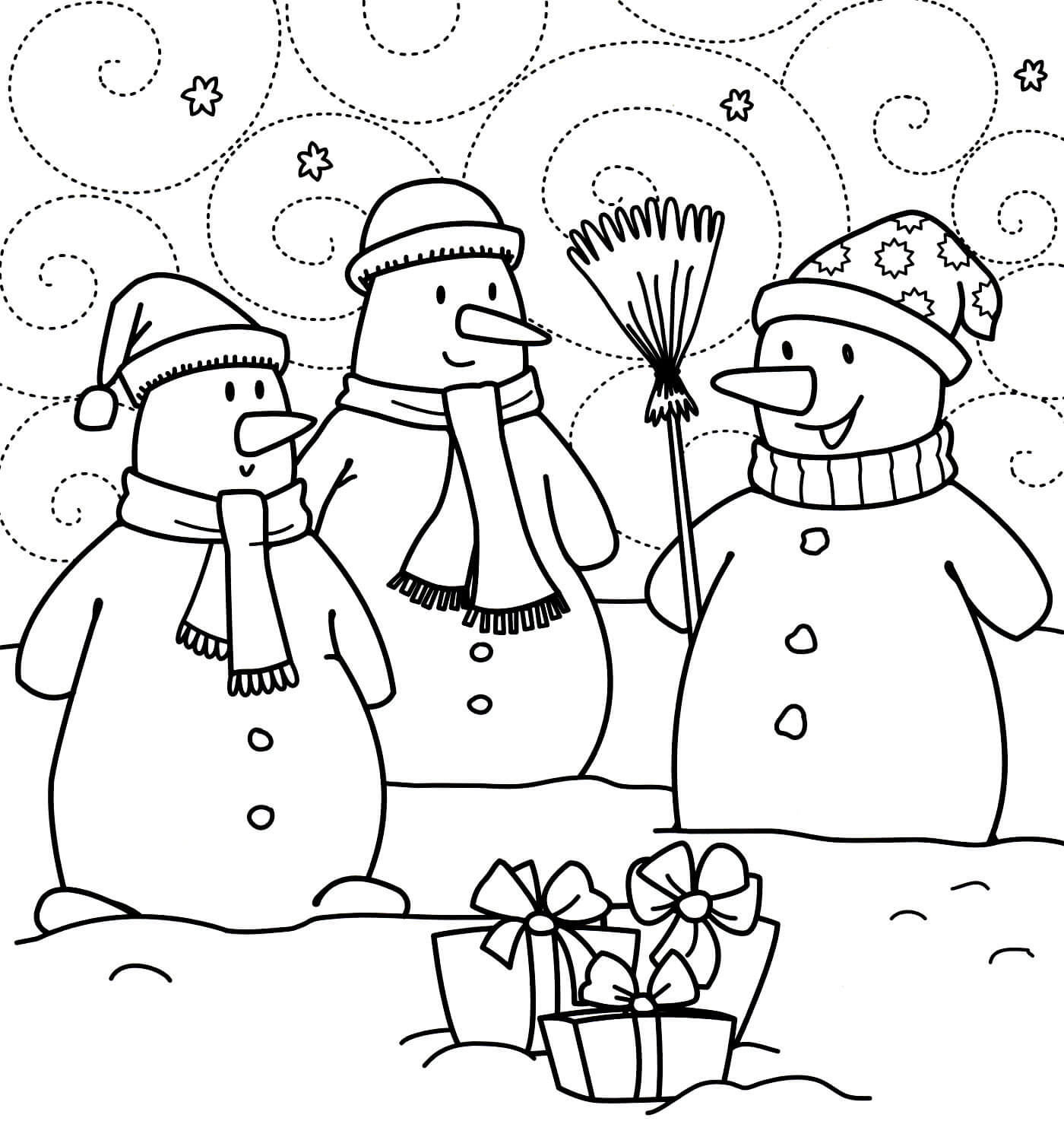 Раскраска Снеговики и новогодние подарки