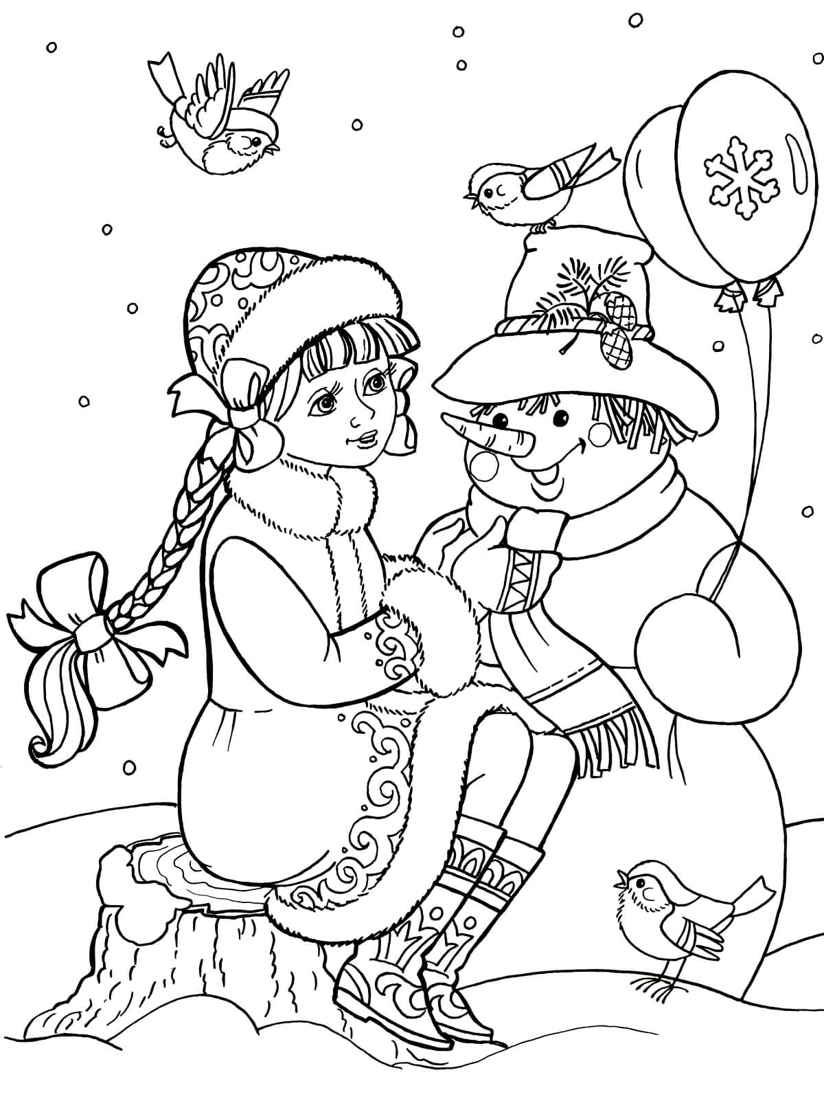 Раскраска Снегурочка и снеговик