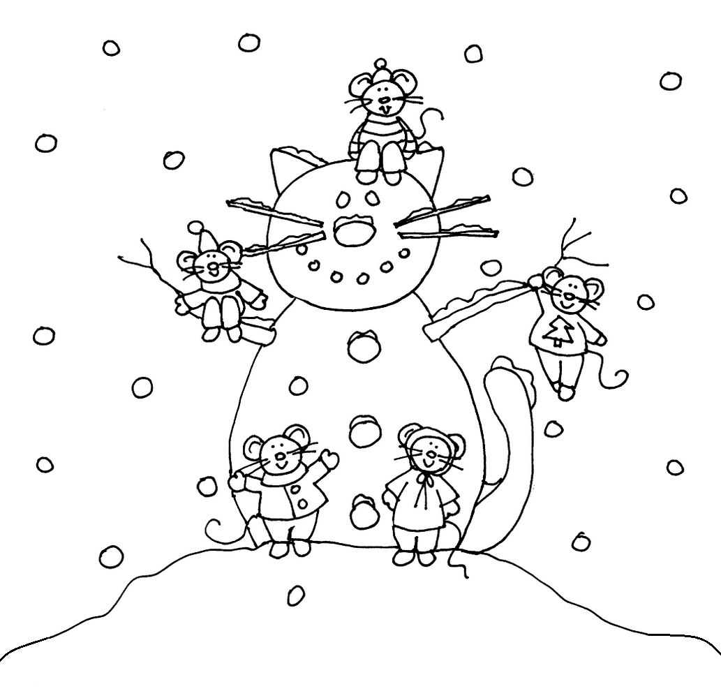 Раскраска Снежный кот и мышата