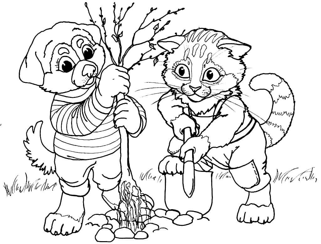 Раскраска Трудолюбивые котик и собачка