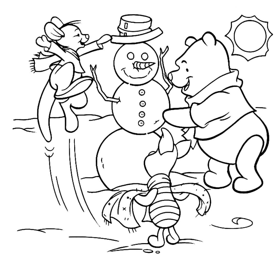 Раскраска Винни Пух, кроша Ру и Пятачок лепят снеговика