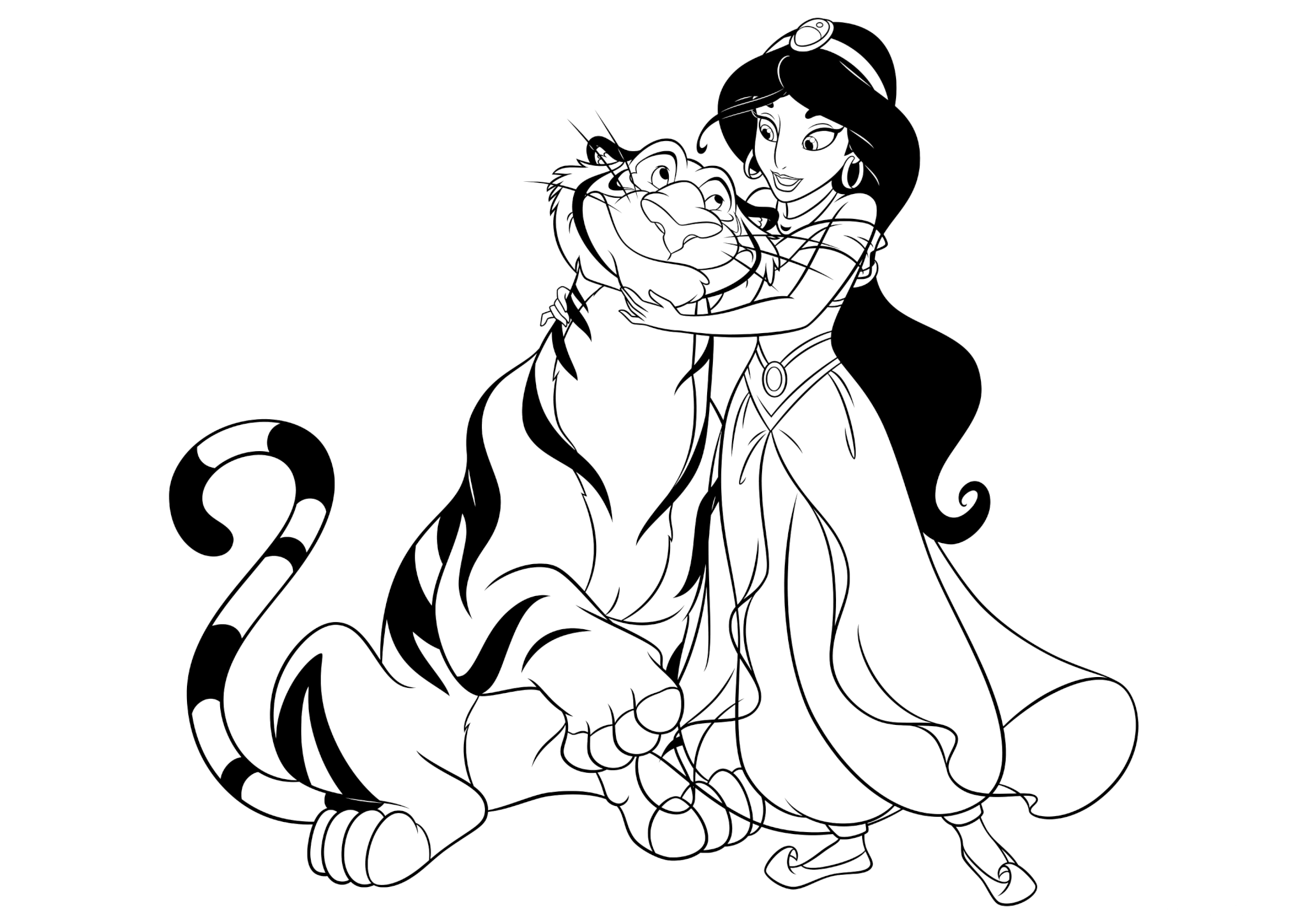 Раскраска Жасмин и тигр Раджа