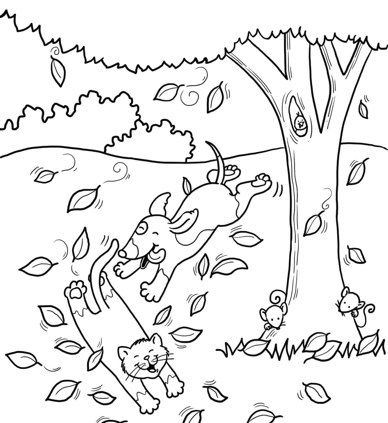 Раскраска Зверьки в осенней листве